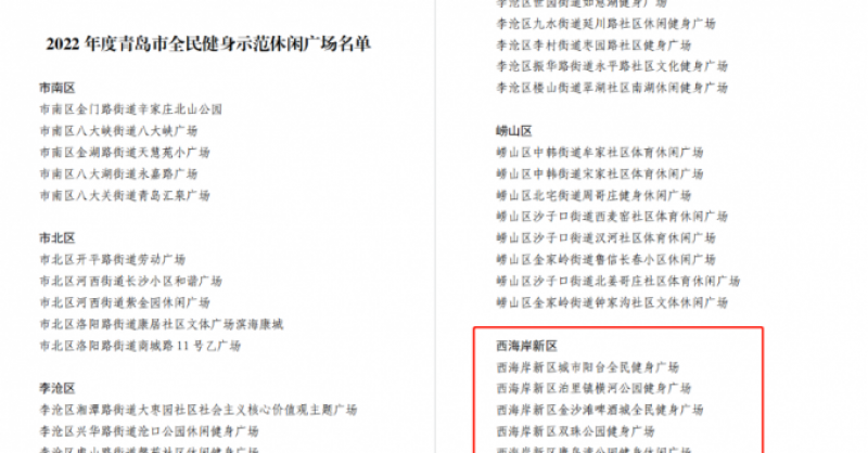 城市陽臺景區、金沙灘啤酒城、雙珠公園獲評“2022年度青島市全民健身示范休閑廣場”